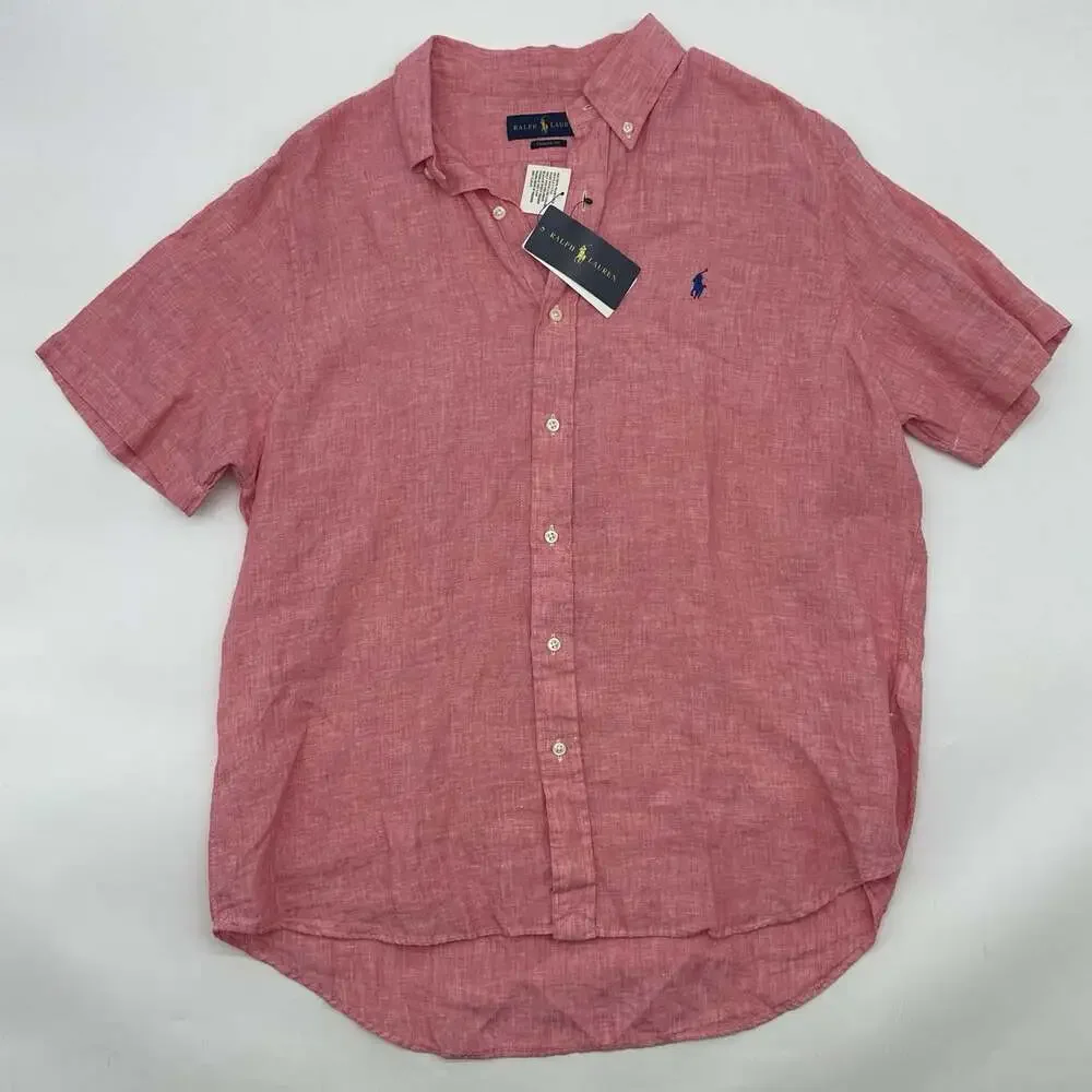 Polo Ralph Lauren Classic Fit Size Large Pink 100% Linen Button Up Shirt NWT